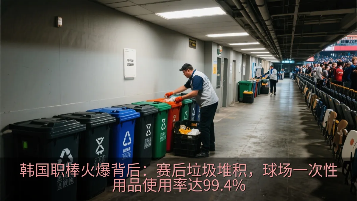 赛后体育场通道中工作人员整理分类回收容器